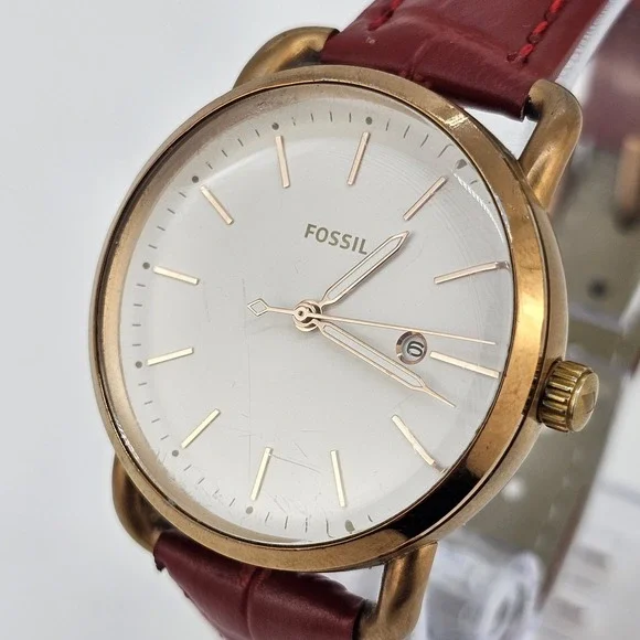 Fossil Women Watch 34MM Gold Dial Date New Red Leather Bands New Battery - Picture 5 of 16